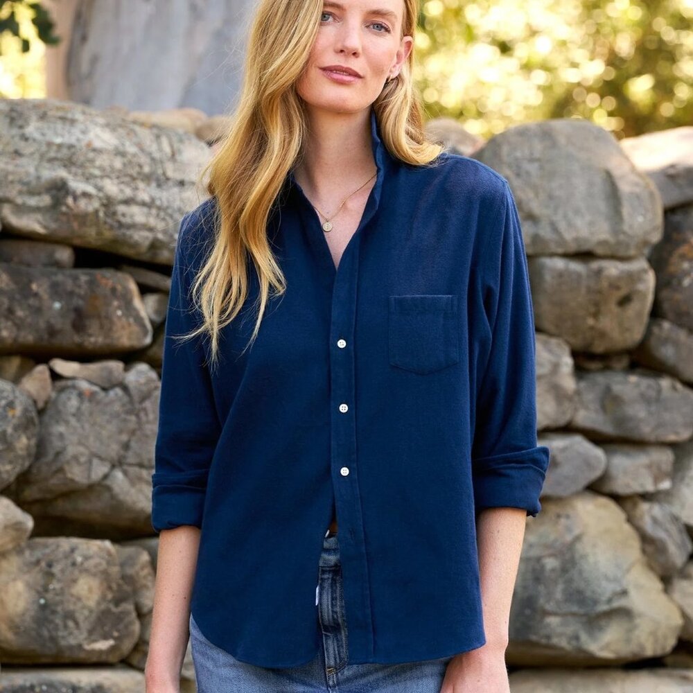 Eileen Relaxed Button-Up Shirt in Navy Blue Italian Flannel